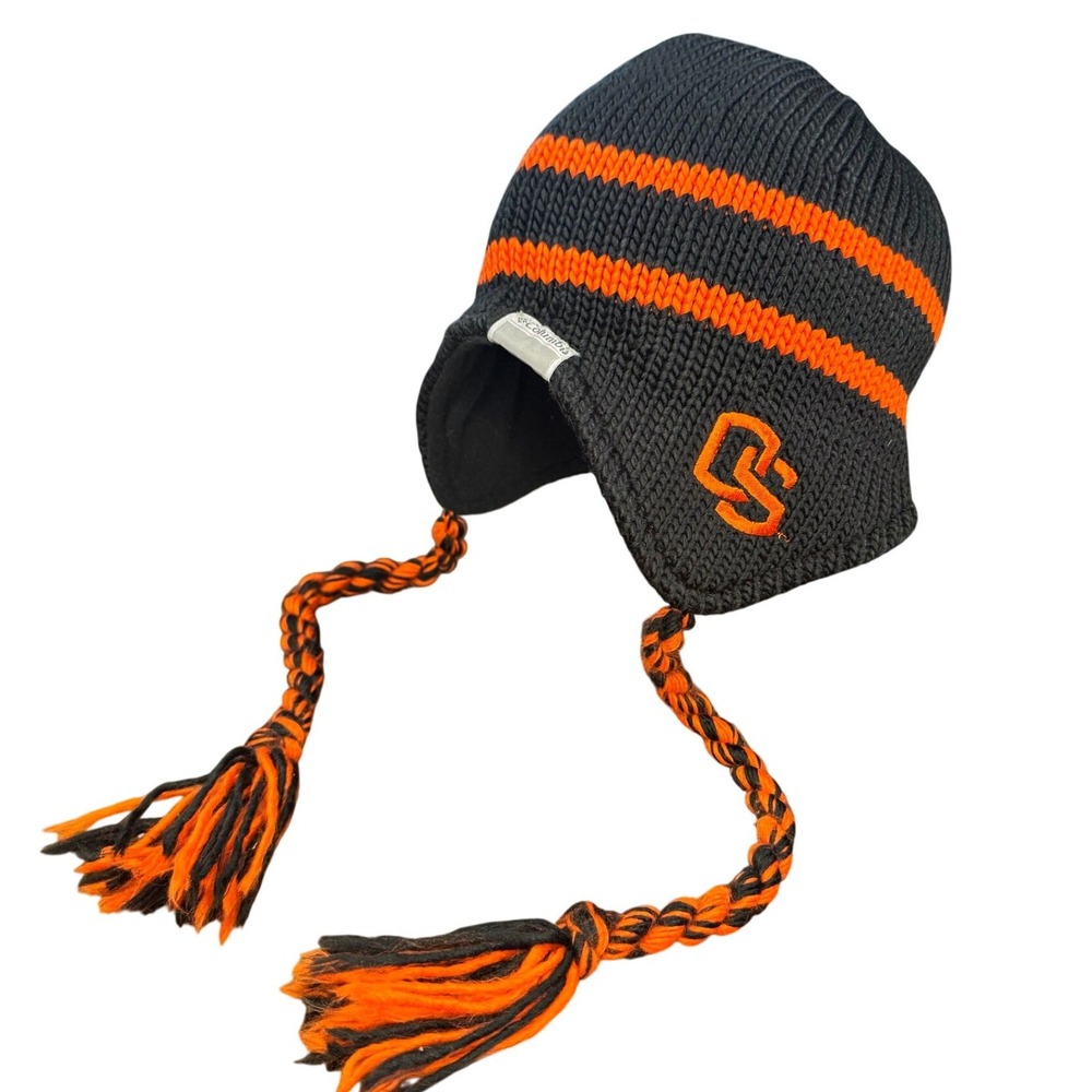 Columbia Oregon State Beavers Beanie Hat Black Orange Knit Earflap Tassel OS